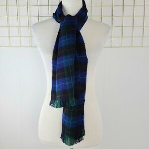 Christian Dior Blue Green Tartan Plaid Fringe Vintage Unisex Scarf